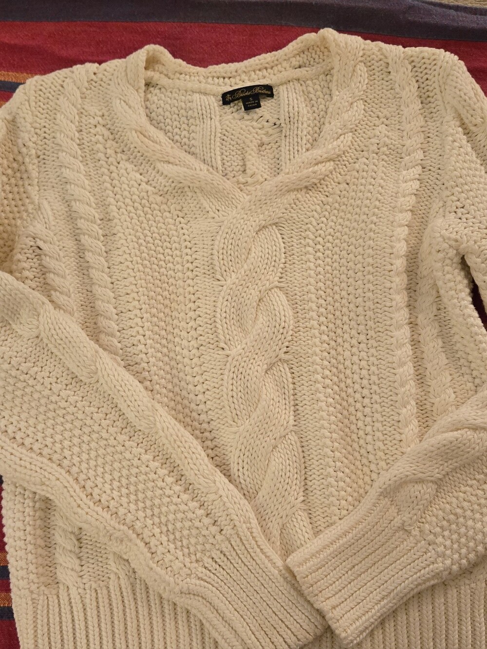 Brooks Brothers 100% Cotton Chunky Cable Knit Fisherman Sweater Cream S